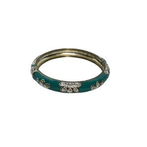 Gold Tone Blue Enamel And Rhinestone Hinged Bangle Bracelet (6152)